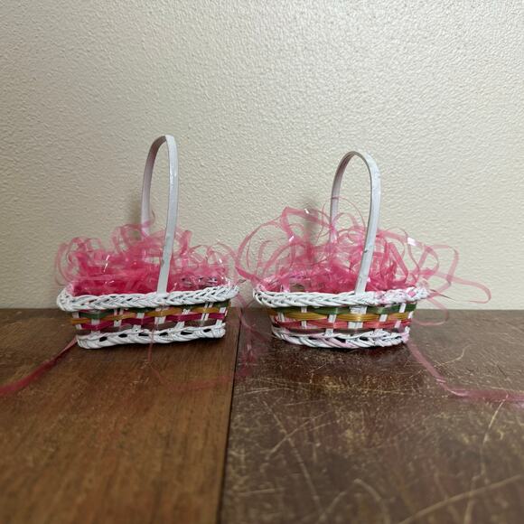 Set of two MINIATURE Woven Wicker Painted Easter Baskets Pink Grass Decor - Picture 1 of 9